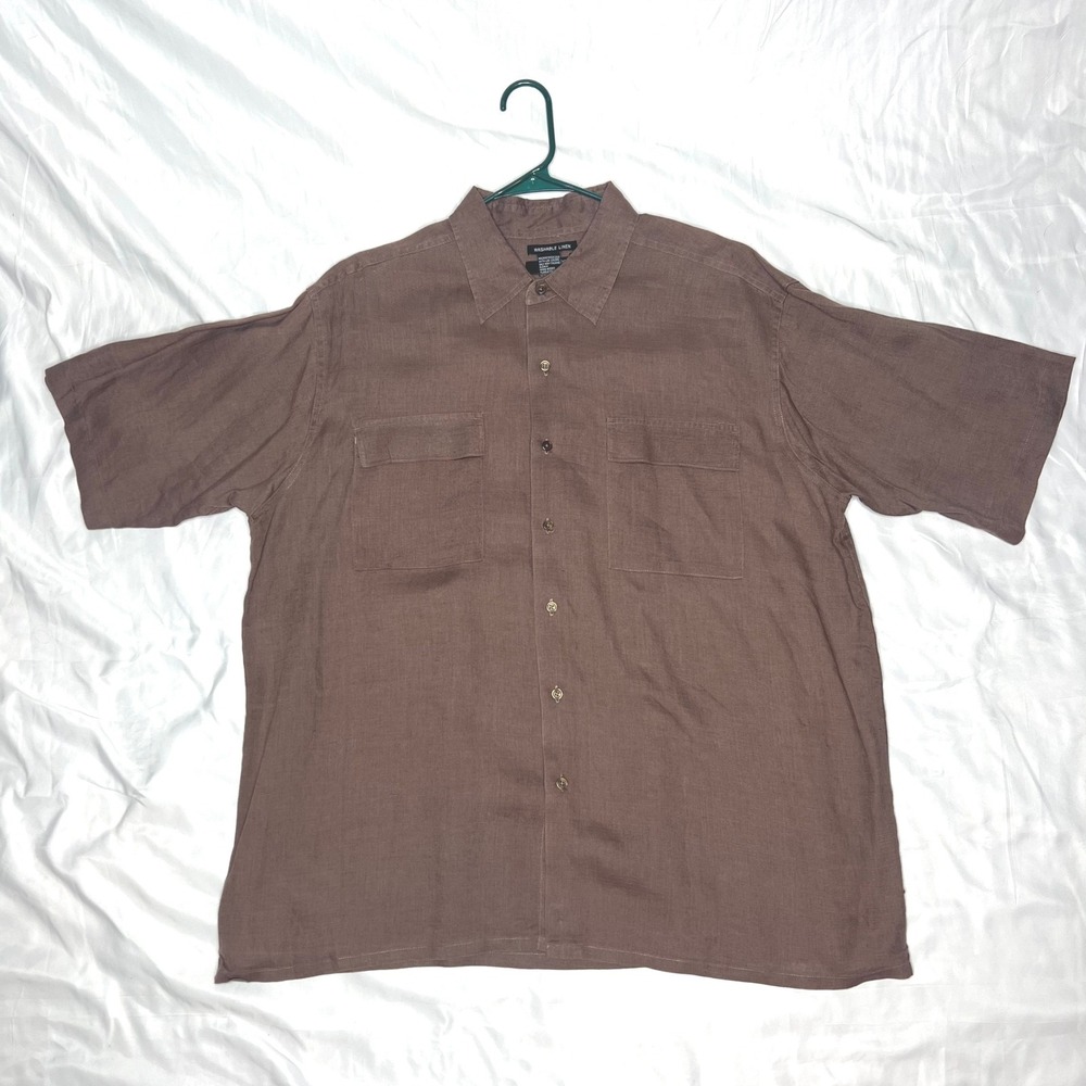 Bruno Mens XXL Brown 100% Washable Linen Short Sleeve Button Down Pocket Shirt